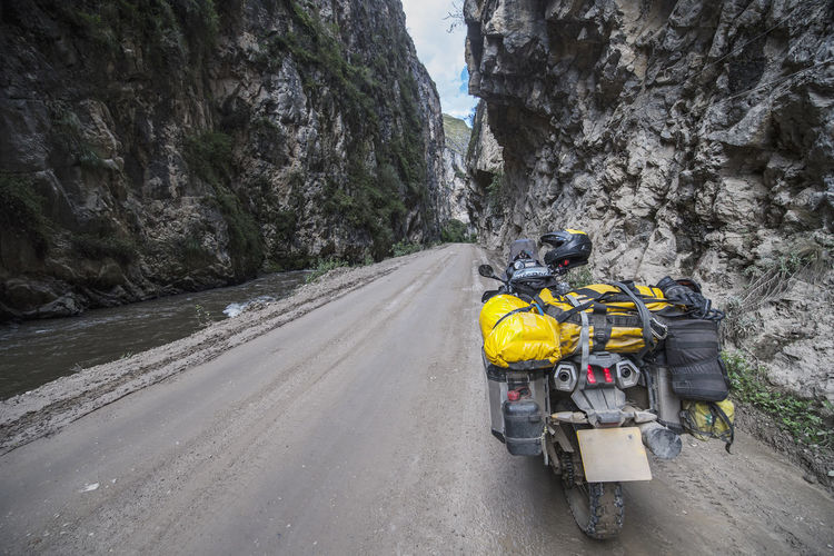 Touring motorbike on a dirt road in can del pato, casca, ancash, peru
