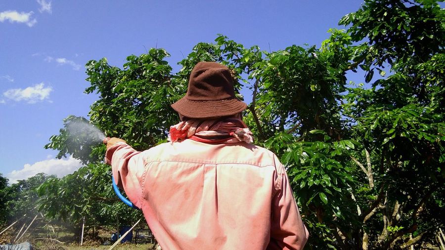Rear view of person watering trees