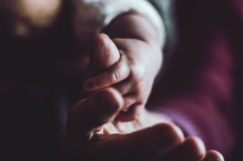 Close-up of baby holding hand of mother