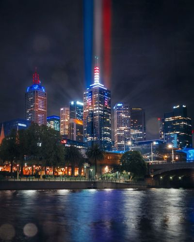 Melbourne city lit up in the colours of the western bulldogs and france