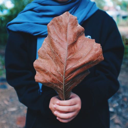 Midsection of woman holding dried leaf