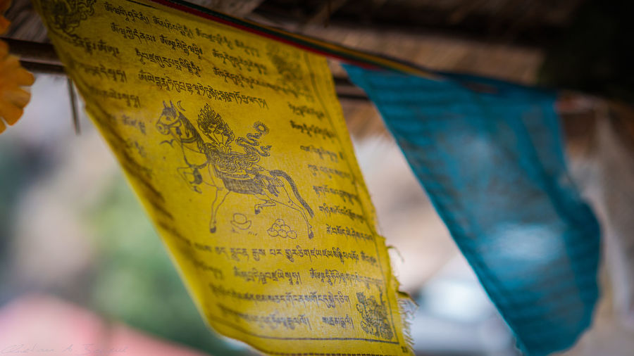 Close-up of text hanging at temple