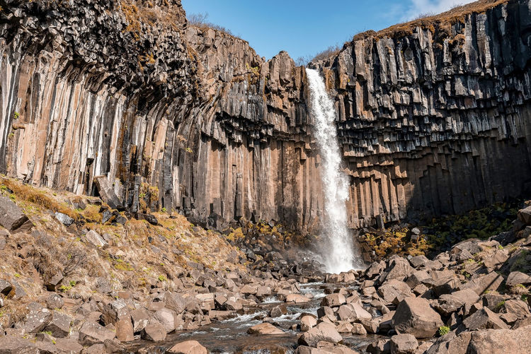 Cascades of svartifoss waterfall amidst basalt columns in national park