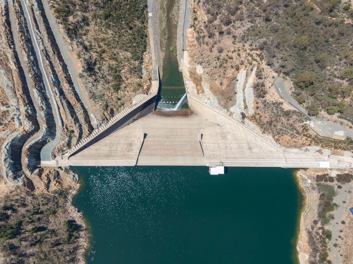Cotter dam wall and reservoir near canberra in the australian capital territory, australia, drought