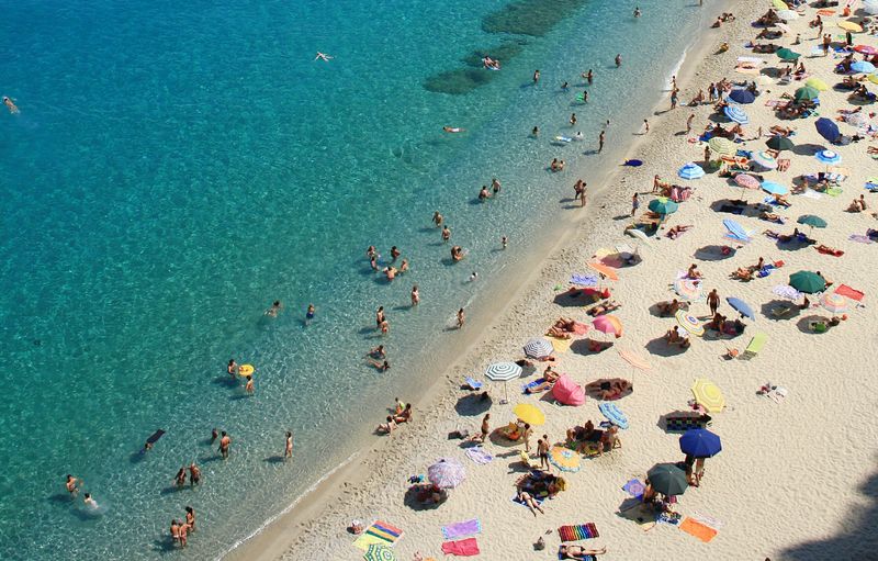 Aerial view of tourists on beach