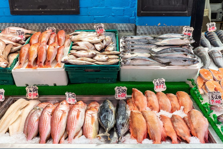 Various fish for sale at market stall