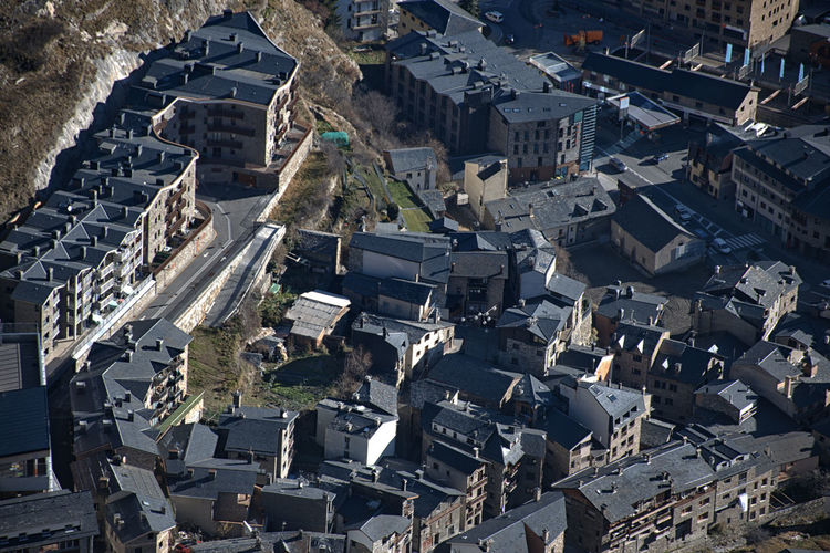 High angle view of buildings in city. aerial view of canillo town in andorra.