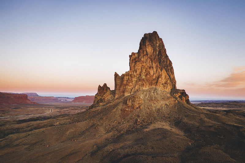 Aerial view of agathla peak in the morning from above, arizona