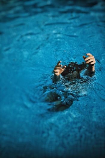 High angle view of woman swimming in sea