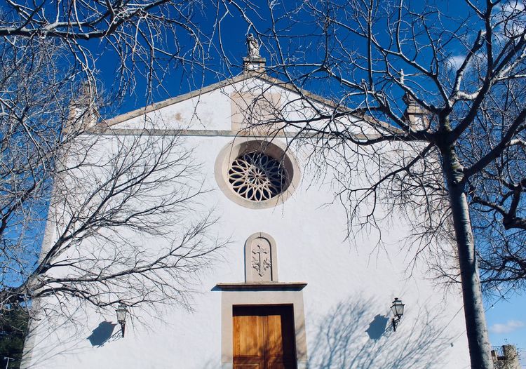 Low angle view of bare trees and building against sky during winter
