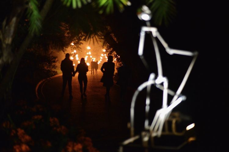 Silhouette people walking on footpath at night