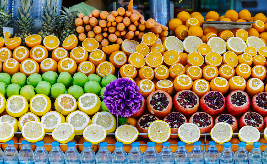 Close-up of multi colored fruits for sale in market