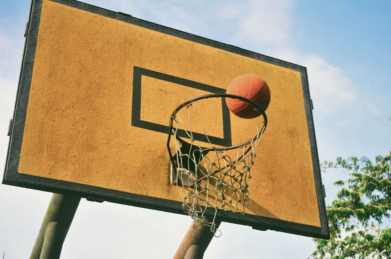 Low angle view of basketball hoop against sky