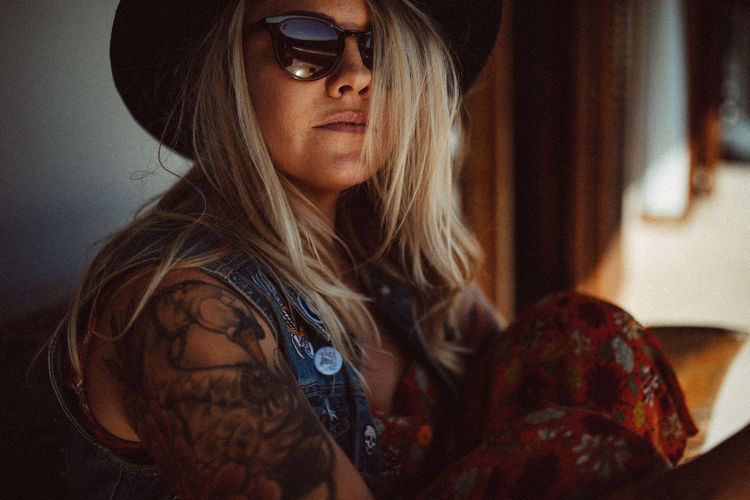 Hat Woman Portrait Summer Sunglasses Tattoo