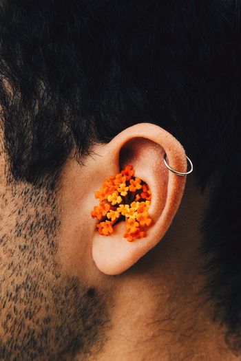 Close-up of man with flowers in ear
