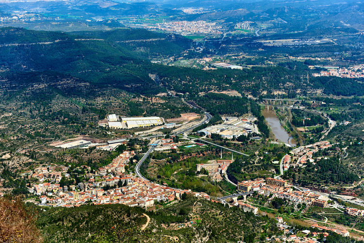 Aerial view of town and montserrat mountains