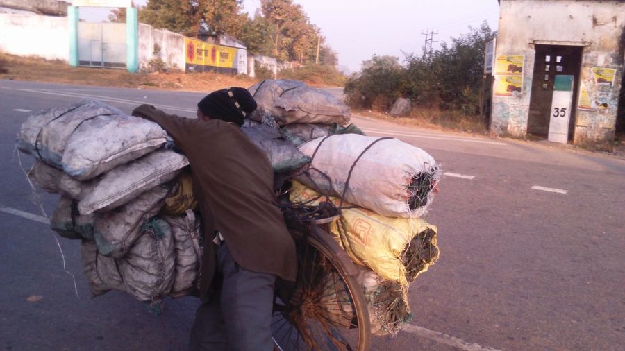 Rear view of man carrying sacks on bicycle at street