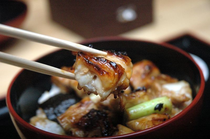 Close-up of chopsticks holding unagi  in bowl