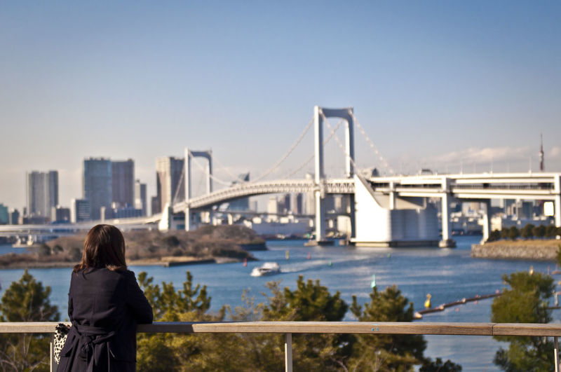 Rear view of man looking at suspension bridge