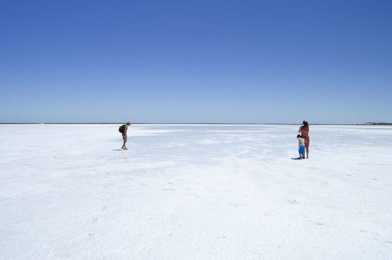 Tourist standing on dry salt lake against clear sky