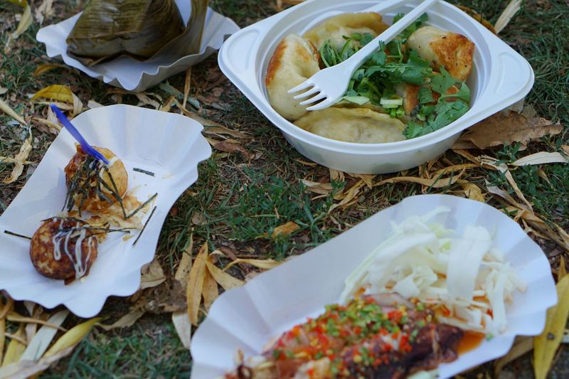 High angle view of fresh thai food in disposable plates on grass