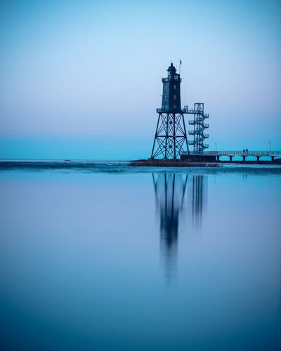 Lighthouse of obereversand with blue evening sky after sunset.