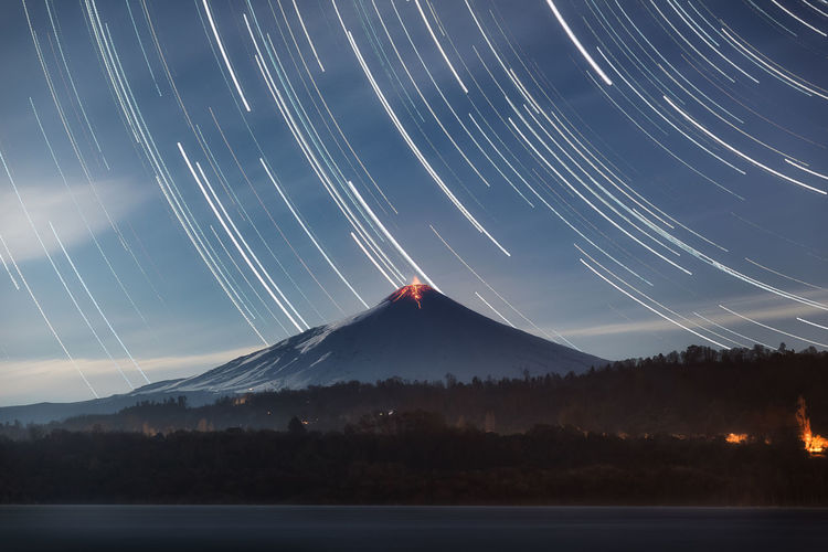 Scenic view of mountain against sky at night