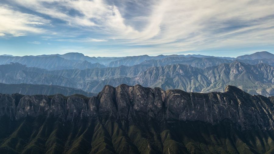 Panoramic view of mountain range against cloudy sky