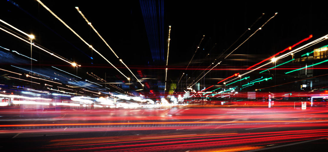 Light trails on road at night