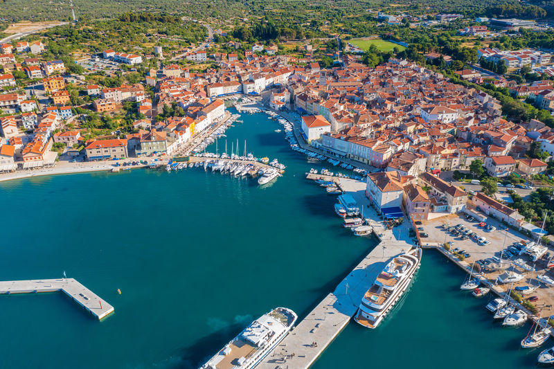 Aerial view of cres, a town in cres island, the adriatic sea in croatia