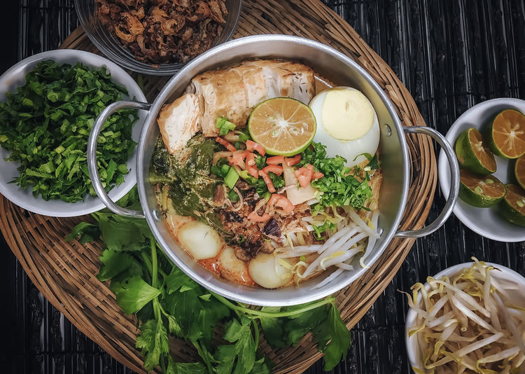 High angle view of soup in bowl on table