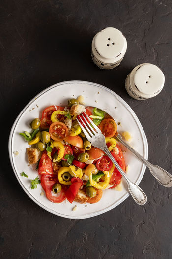 High angle view of food in plate on table