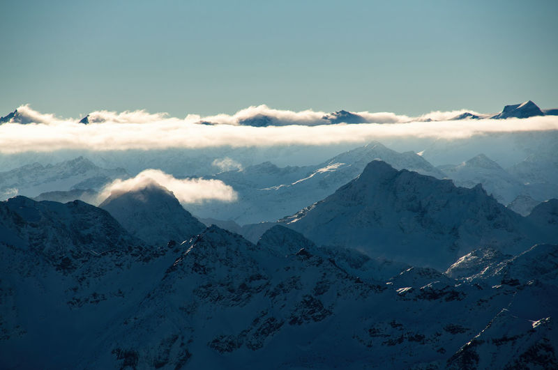 Layers of snow covered mountains in the austrian alps near hintertux, tyrol, austria.