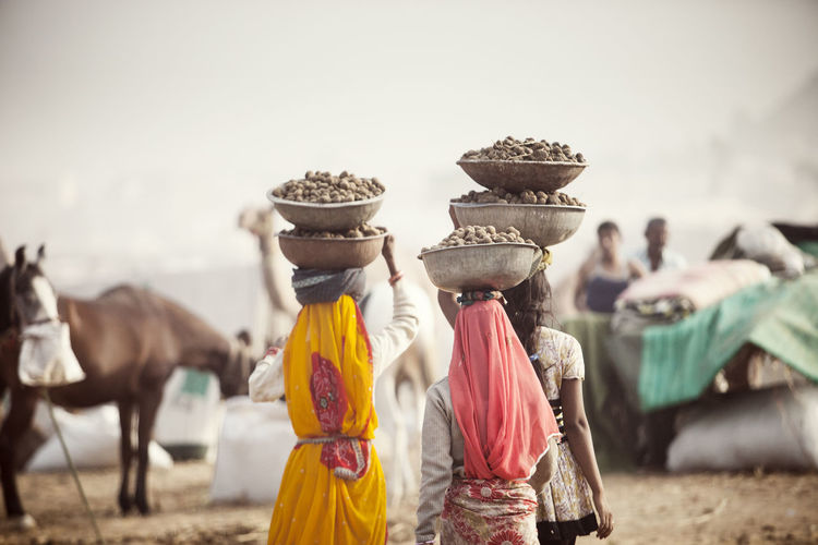 Rear view of women carrying dung in containers while walking at village