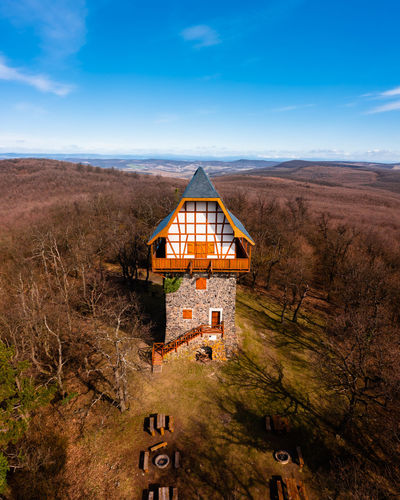 Aerial view of the famous sasberc lookout tower which is the highest point of cserhat mountain.