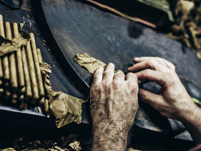 Close-up of manual worker making cigar in factory