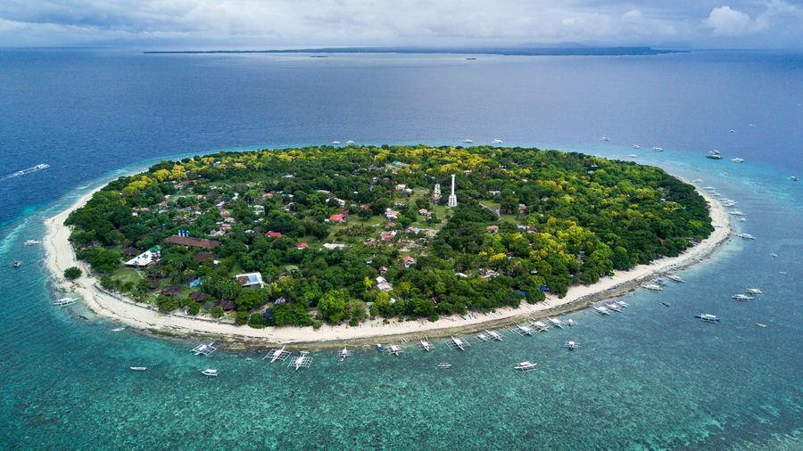 High angle view of bay against sky