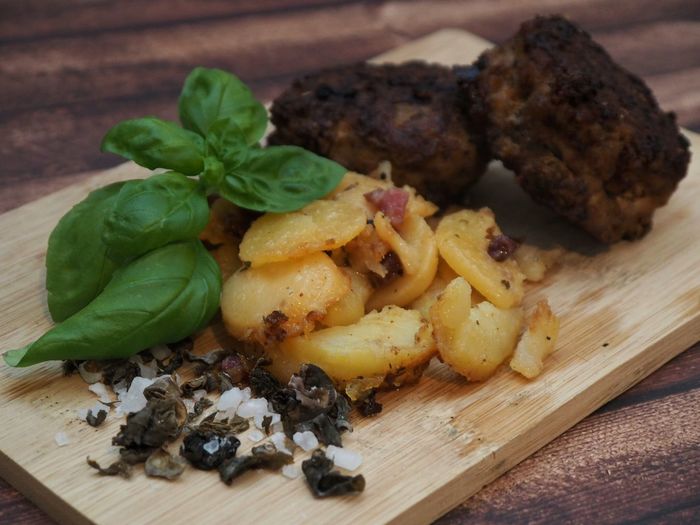 Close-up of food served on table