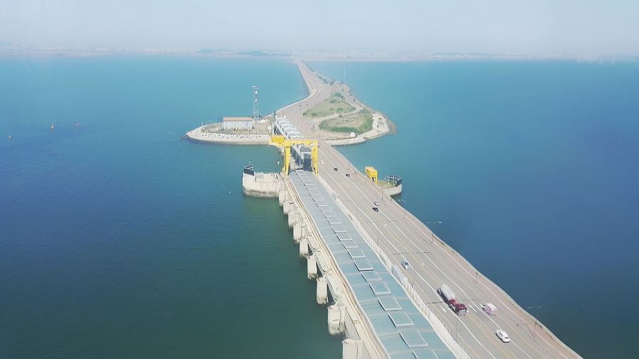 High angle view of bridge in reclaimed sea