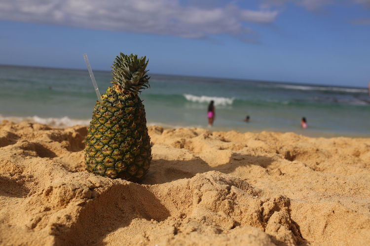Close-up of pineapple on on beach against sky