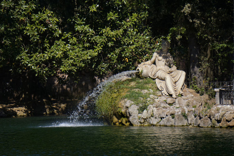 Statue by lake against trees