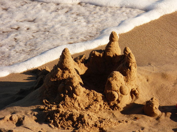 High angle view of sandcastle at sea shore