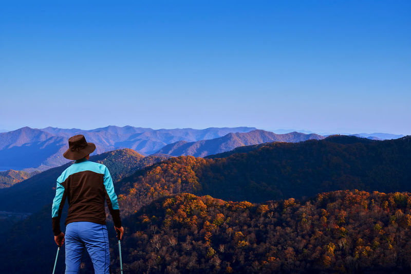 Rear view of man looking at mountains against clear blue sky
