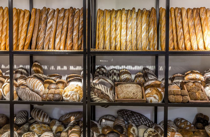 Close-up of baked breads in bakery
