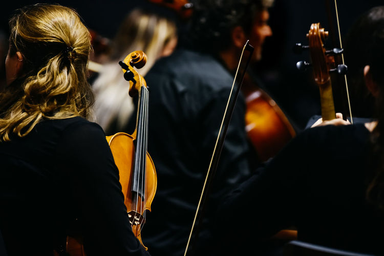 Woman holding violin while sitting in music concert