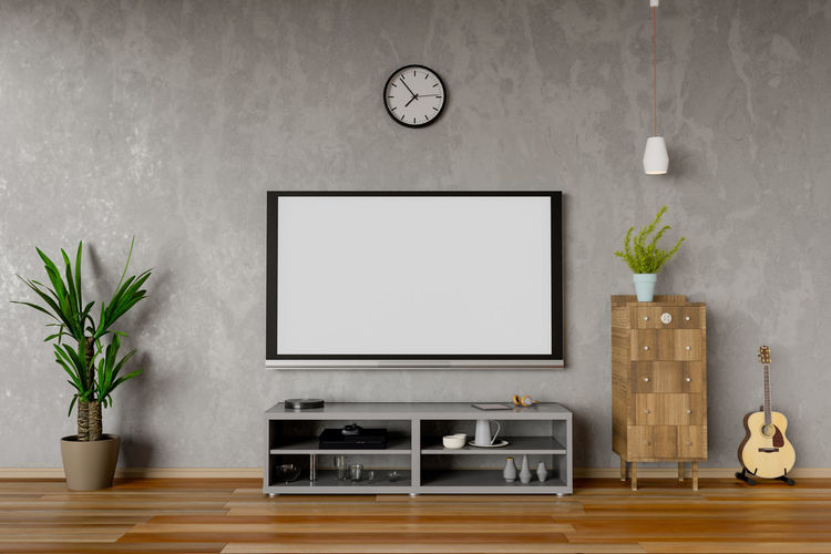 Blank television set mounted on wall at home