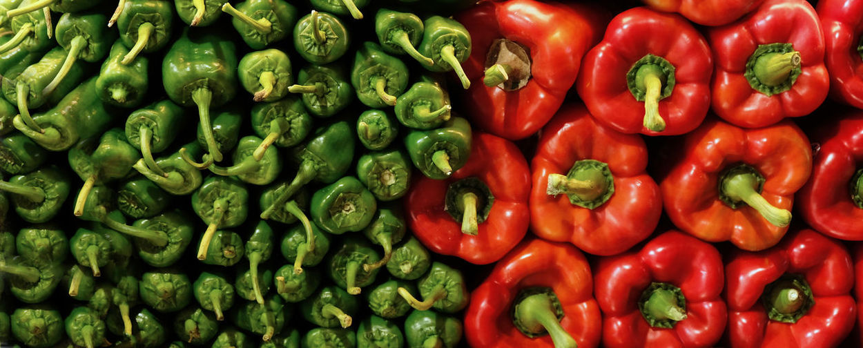 Full frame shot of bell peppers for sale at market