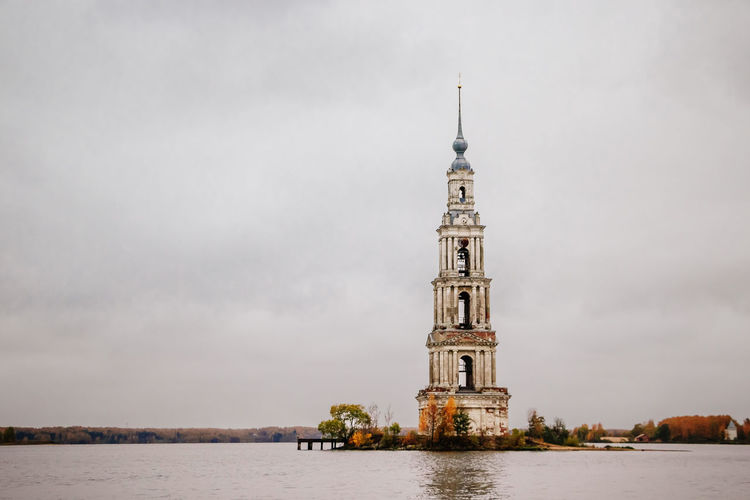 Old abandoned bell tower in the middle of the lake, kalyazin, russia