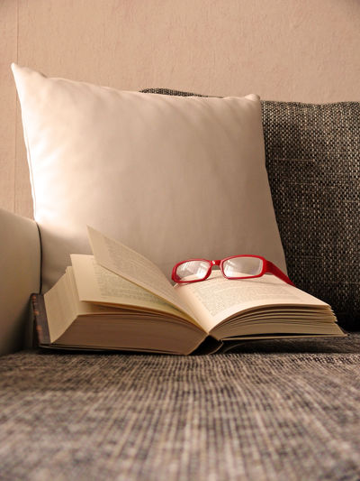 Books with glasses on sofa