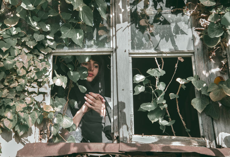Low angle view of woman standing by window amidst plant